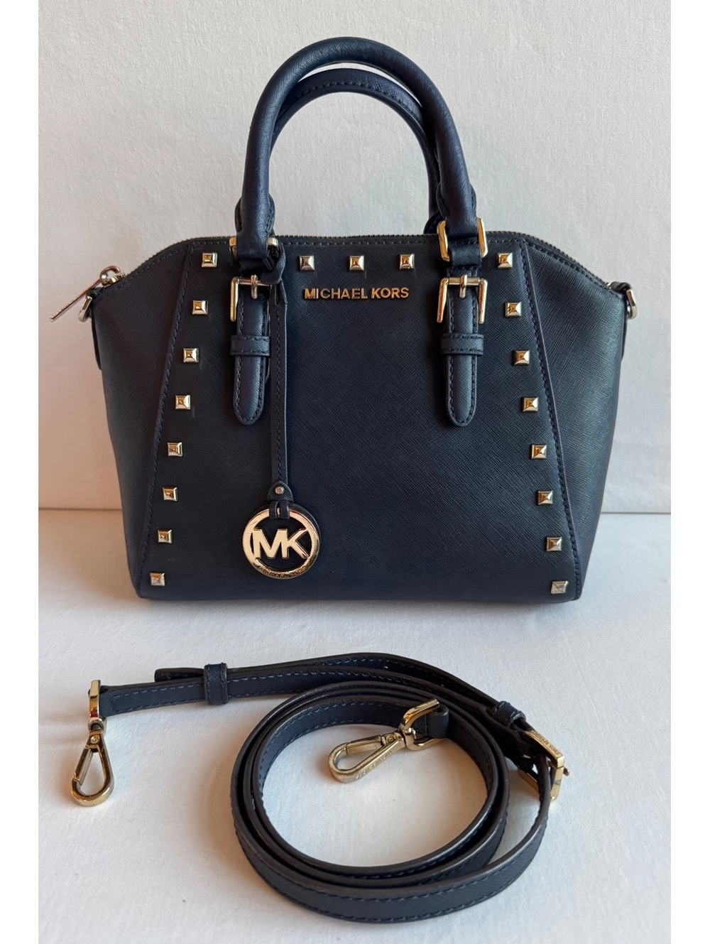 Michael Kors Ciara Studded Medium Satchel Crossbody Deep Blue Saffiano35T8GC6M2L